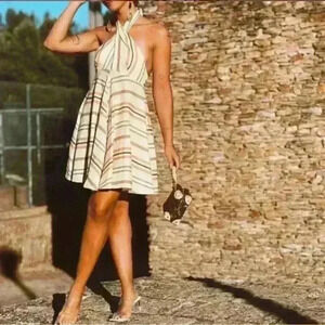 Zara Striped Linen Blend Halter Dress size L NWT
